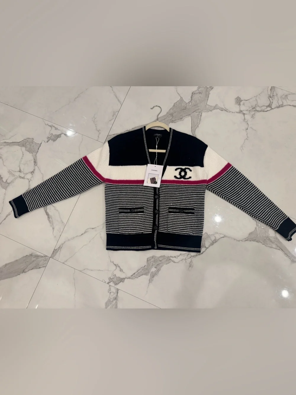 Black, White & Pink Striped Knit Cardigan With CC Logo